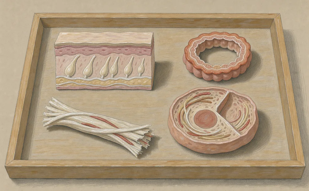Skin, gut and tendon teaching specimens beside an enlarged cell model