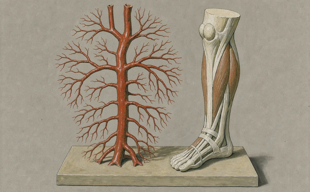A red branching vessel cast beside a pale anatomical leg model